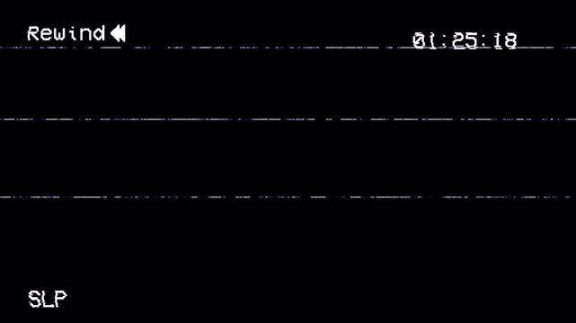 VHS Rewind OSD Overlay with Timecode Countdown and Analog Distorted Signal Lines Effect. Retro VCR Glitch Background Loop 4k video animation seamless loop