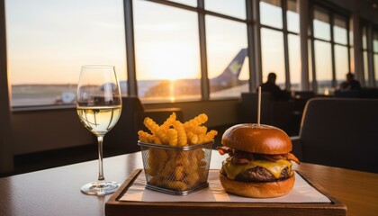 A plated serving of cheeseburger crispy fries and white wine set against large airport windows during sunset highlighting relaxed travel dining with warm golden ambiance