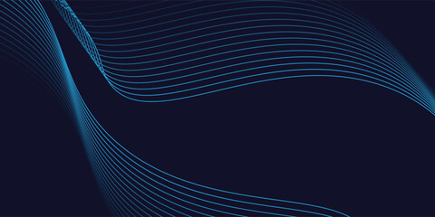 Dark abstract background with glowing wave. Shiny moving lines design element. Modern purple blue gradient flowing wave lines.
