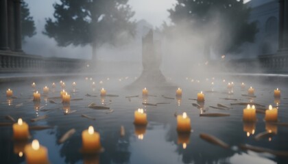 Soft glowing candles floating across misty water creating a peaceful reflective scene suggesting a quiet commemorative moment in a calm evening atmosphere
