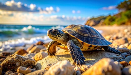 Obraz premium Sea turtle resting on a rocky beach, ocean waves softly crashing in the background under a bright, cloudy sky