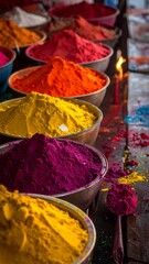 Colorful powders in bowls, possibly for a cultural celebration