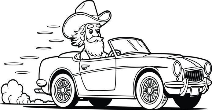 Smiling bearded man with cowboy hat driving a classic vintage convertible sports car, fun transportation coloring page line art illustration