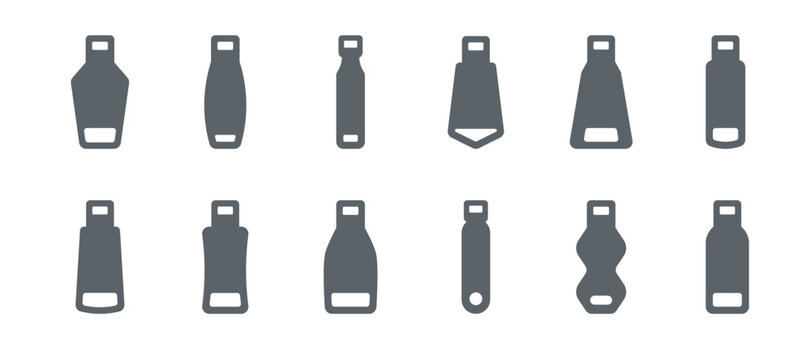 Collection of different zipper types, zipper pull designs, metal and plastic teeth, clothing accessory outline vector, fashion detail clip art set flat vector illustration.