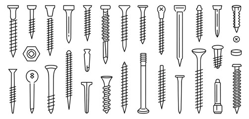 Metal Fasteners Outline Vector Set – Isolated Screws, Bolts, Nuts, and Hardware Elements in Clean Line Art Style for Technical Illustration and Engineering Design