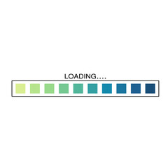 Colorful loading bar progress indicator with gradient squares and text on a clean white background.