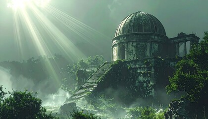 Obraz premium Dilapidated domed structure among lush greenery, illuminated by radiant sunlight breaking through misty clouds