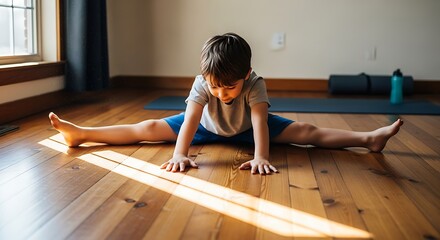Young child performs a full side split stretch on a sunny wooden floor