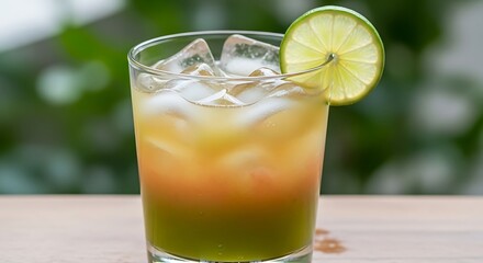 Fototapeta premium Refreshing layered cocktail with ice and lime garnish.
