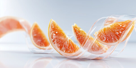 Slices of vibrant orange fruit are artistically arranged in spiral pattern, creating dynamic and fresh visual. glossy texture and bright colors evoke sense of freshness and vitality