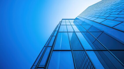 A tall modern architectural building with minimalist style blue glass windows set against a clear sky background