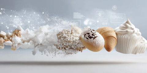 Dynamic display of bakery items, including bread and cupcakes, is shown with technological and nutritional theme, featuring digital elements and flour in motion