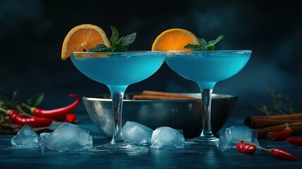 Two blue cocktails in coupe glasses with orange slice and mint garnish on a dark background featuring ice cubes, red chili peppers, and a silver bowl of cinnamon sticks