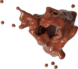Realistic liquid chocolate splash isolated clipart, creamy richness, brown splashing jet with droplets mid-air 3d render