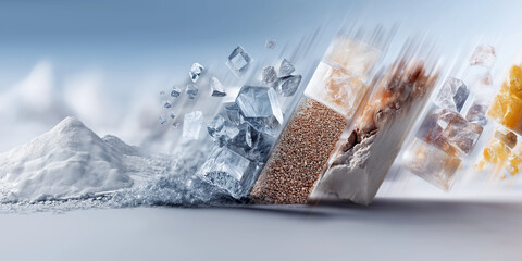 Dynamic display of various minerals and crystals, including salt, quartz, and amber, against blurred background, symbolizing critical mineral supply chain