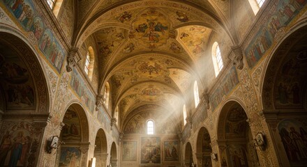 Sunlight streams through arched windows in a grand, painted church interior