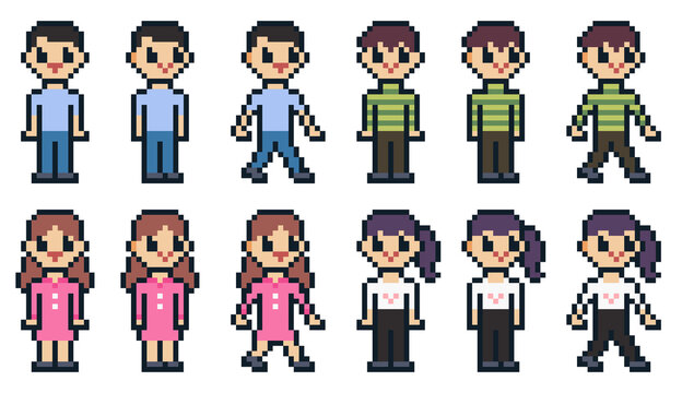 8-bit pixel art front and side set of male and female characters