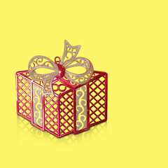 A red plastic gift box is placed on a yellow background, fashion, gift, decor, decoration, object, ancient, antique, copy space