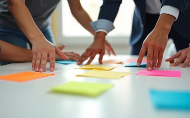 A vibrant scene of diverse hands reaching for colorful sticky notes on a white table, highlighting creative collaboration and brainstorming in a modern workspace setting. SACTR. High quality
