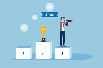 Businessman on podium looking through spyglass for future success