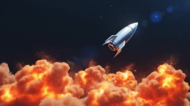 Silver Rocket Launching into Space with Fiery Exhaust.