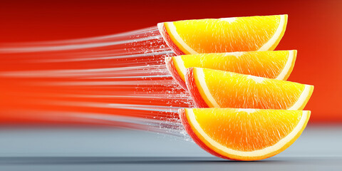 Slices of juicy orange in motion against vibrant red background create dynamic and fresh visual. bright colors and movement convey energy and zest