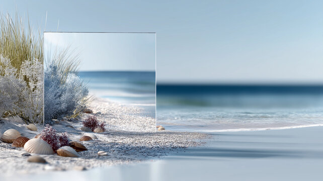 Serene beach scene with seashells and grasses is reflected in mirror, creating surreal effect. calm ocean and clear sky enhance tranquil atmosphere