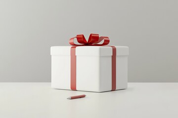 A wrapped present sits on a clean surface with a pen lying nearby, suggesting a thoughtful gesture.