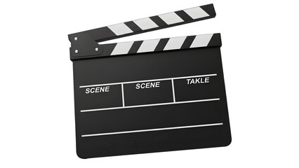 Open black clapperboard isolated on a black background representing filmmaking and video production