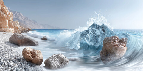 Waves crashing on rocky seashore with turquoise water, creating dynamic and refreshing scene. coastline is lined with smooth pebbles and large rocks under clear blue sky