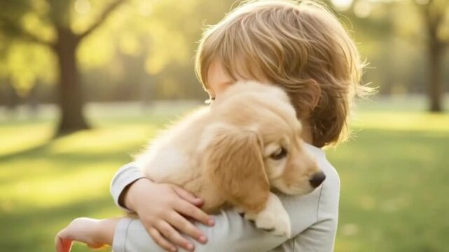 Heartwarming scene showcasing a young boy embracing a cute fluffy puppy in the sunlit park