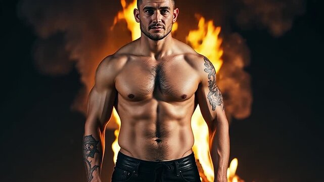 A muscular shirtless man with defined abs stands in front of a fire. Powerful and intense male model with tattoos. Fitness, strength, and power concept