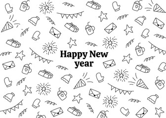 A seamless new year and winter pattern illustrated in simple black-and-white doodle line art. For new year background, banner, cover, social media