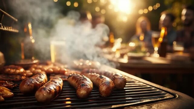Summer BBQ: Juicy sausages grilling with smoke, people, and sunset lens flare