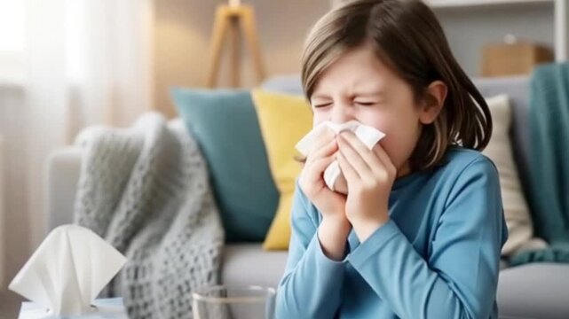 Sick young child blowing nose in a living room