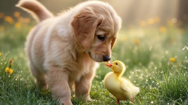 A puppy playing with a cute duckling on the green field against sunlight sky