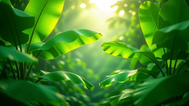 Green banana leaves blowing in the windy air bathed in sunlight
