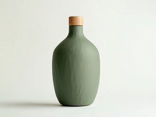 Elegant green vase with textured surface and natural wood stopper, minimalist design on a plain background.