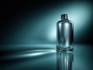 Clear glass bottle on reflective surface with shadowed lighting, minimalist presentation.