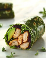 Healthy green wrap with grilled chicken, avocado, and mixed greens ready to eat or a light lunch