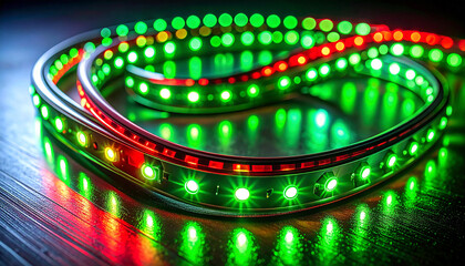 Colorful LED Strip Light: A vibrant LED strip illuminates with a captivating array of red and green lights, showcasing modern technology in a dynamic display.