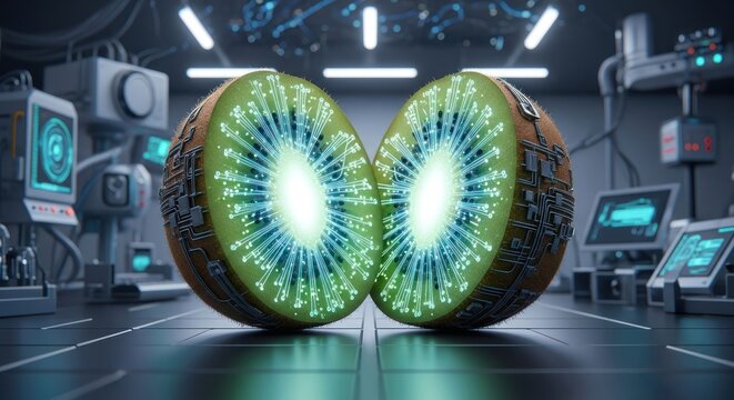 Futuristic kiwi with integrated technology inside a modern laboratory - Powered by Adobe