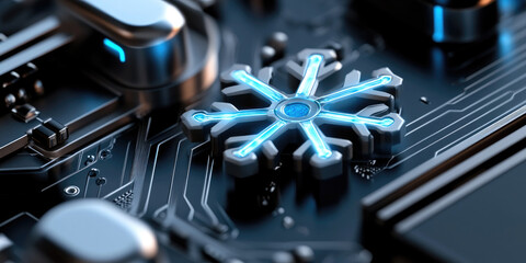 Abstract snowflake component glowing with blue light embedded on a dark electronic circuit board, representing advanced cooling solutions and technological innovation