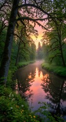 Obraz premium Misty Forest River at Sunrise with Colorful Sky Reflection.