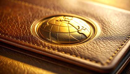 Elegance in Leather: A close-up shot revealing a beautifully crafted leather wallet, embellished with a golden emblem of the globe, signifying global presence and luxury. 