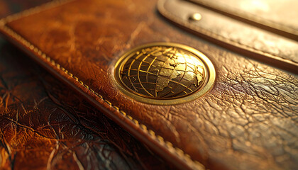 Leather Case Embellishment: The case with a global emblem features a weathered, embossed leather texture, exhibiting detailed artistry.