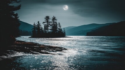 Brilliant moonlight illuminates water flowing past a dense island of evergreen trees in a dark landscape.