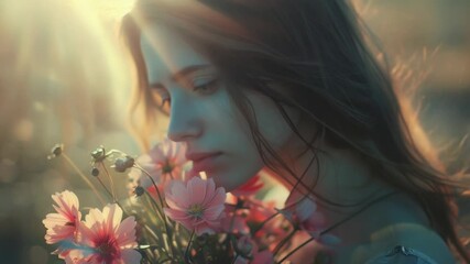 Video A woman holds a bouquet of pink flowers