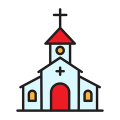 Christmas church colorful line icon with cross and steeple, editable stroke. Minimal festive religion symbol for winter holiday cards, web, apps, infographics and branding.