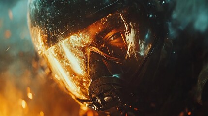 Futuristic Warrior: Close-up portrait of a determined fighter in advanced protective gear and fiery setting.